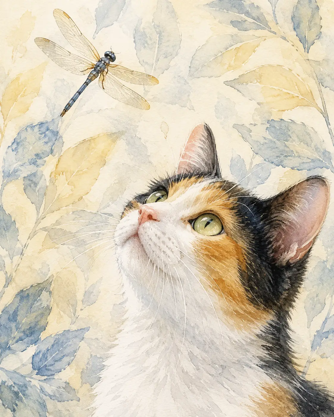 Watercolor calico cat gazing up at a dragonfly