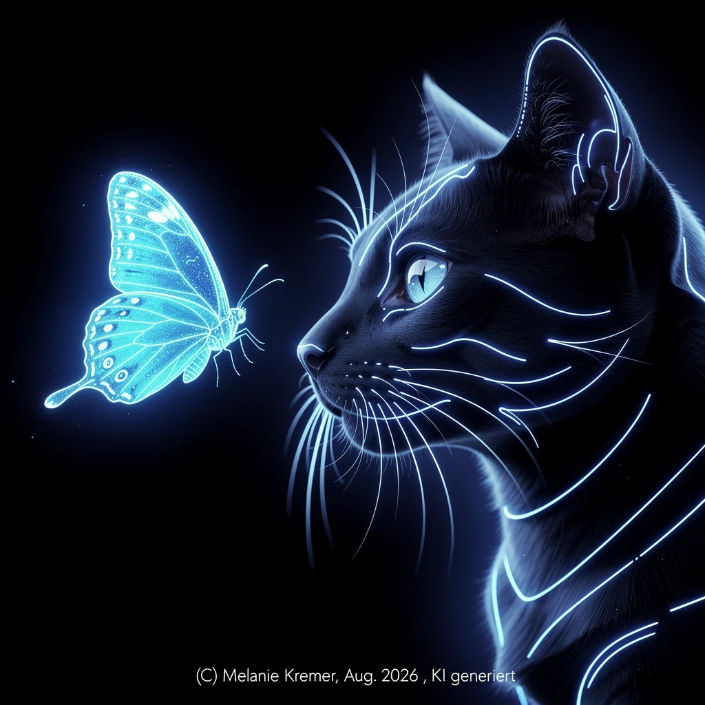 Profil de chat noir avec papillon bleu lumineux dans l’obscurité