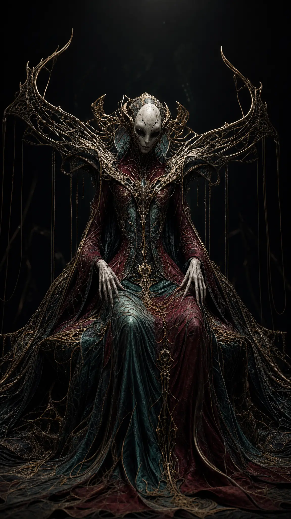 Surreal alien figure on a ceremonial throne in darkness