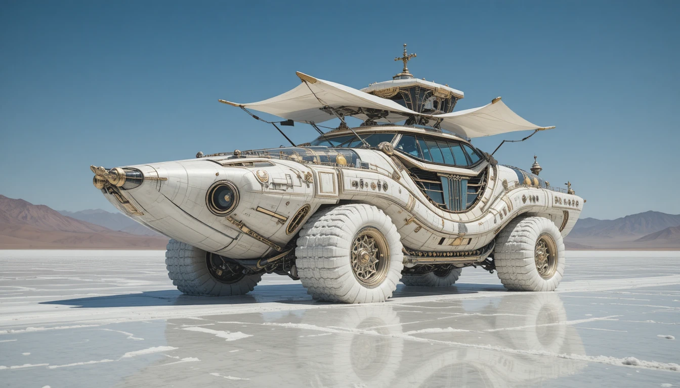Majestätische Luxus-Landyacht gleitet über hellen Wüstensalzsee