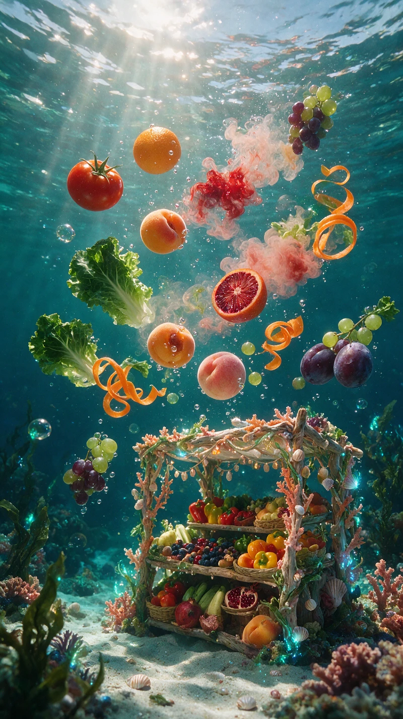 Floating fresh fruit in sunlit underwater ocean scene