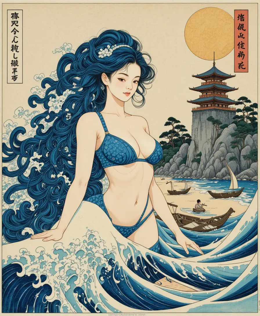 Dea dell’acqua che emerge da onde oceaniche in stile ukiyo-e