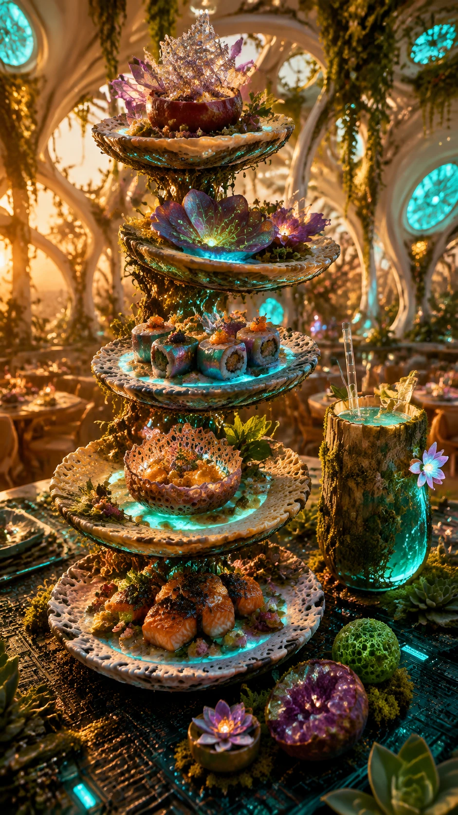 Futuristic cuisine tower in a solarpunk restaurant interior