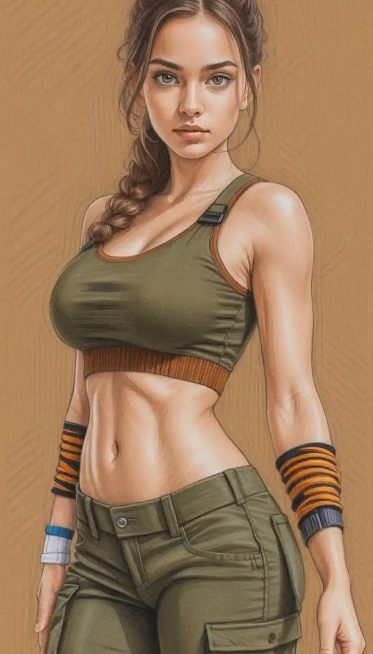 Athletic girl pencil portrait with dark hatched background