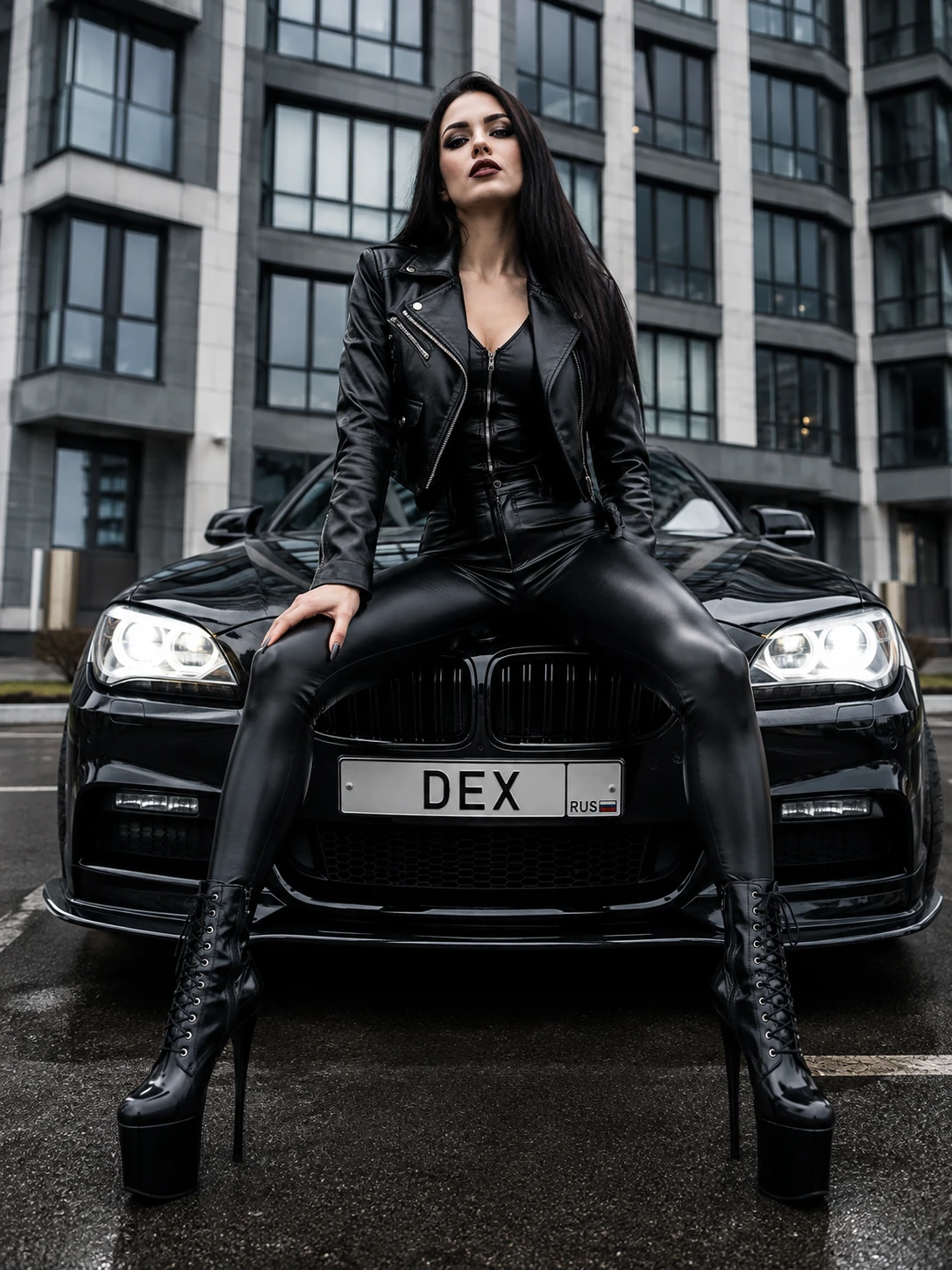 Woman in black leather outfit on car in urban parking lot