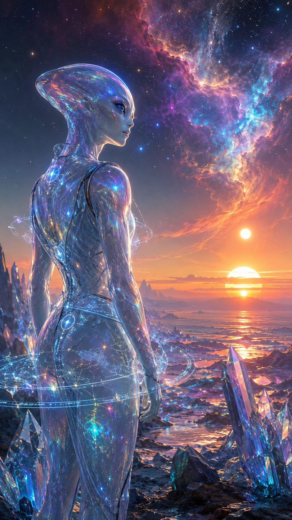 Explorador alienígena con traje espacial brillante en un planeta de cristal