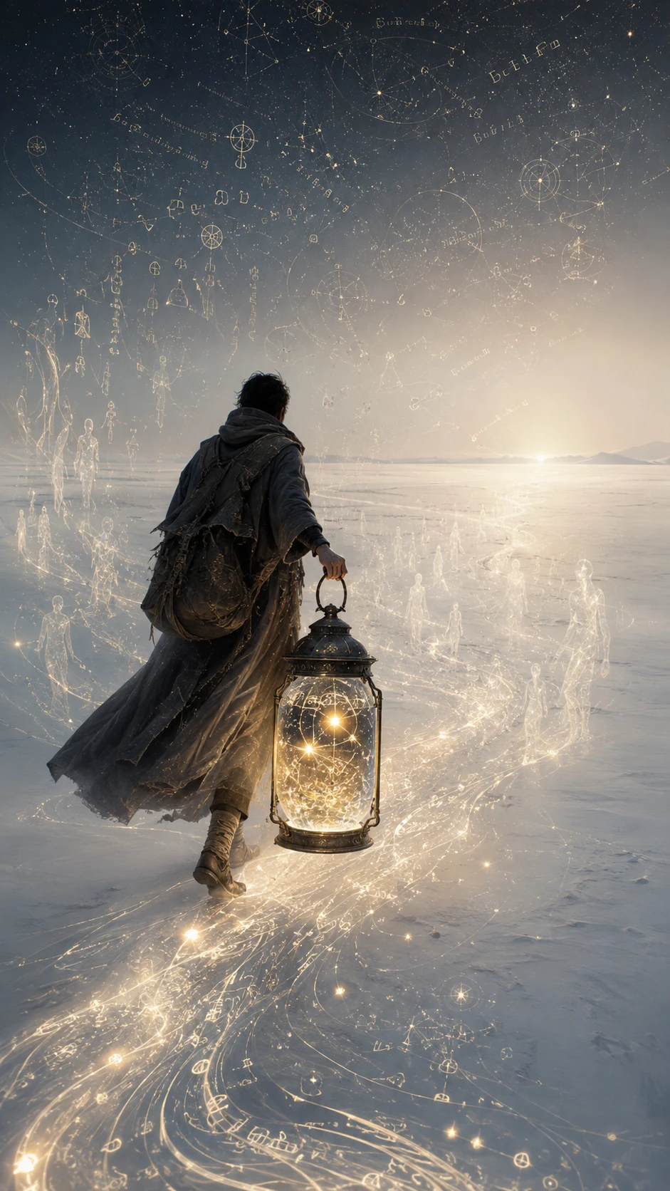 Traveler With Glowing Lantern Crossing An Endless White Expanse