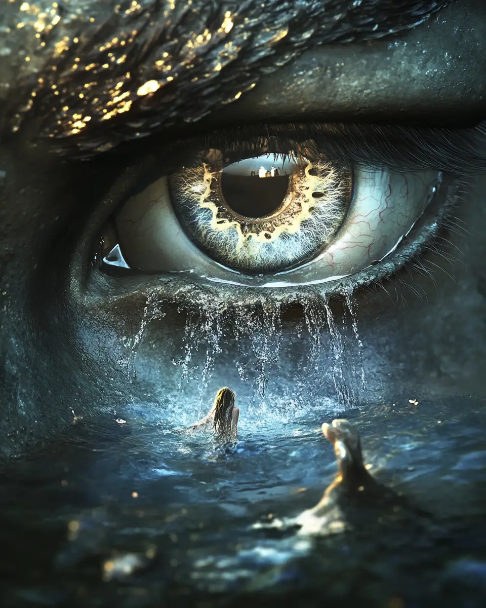 Piccola sirena che nuota in un oceano di lacrime