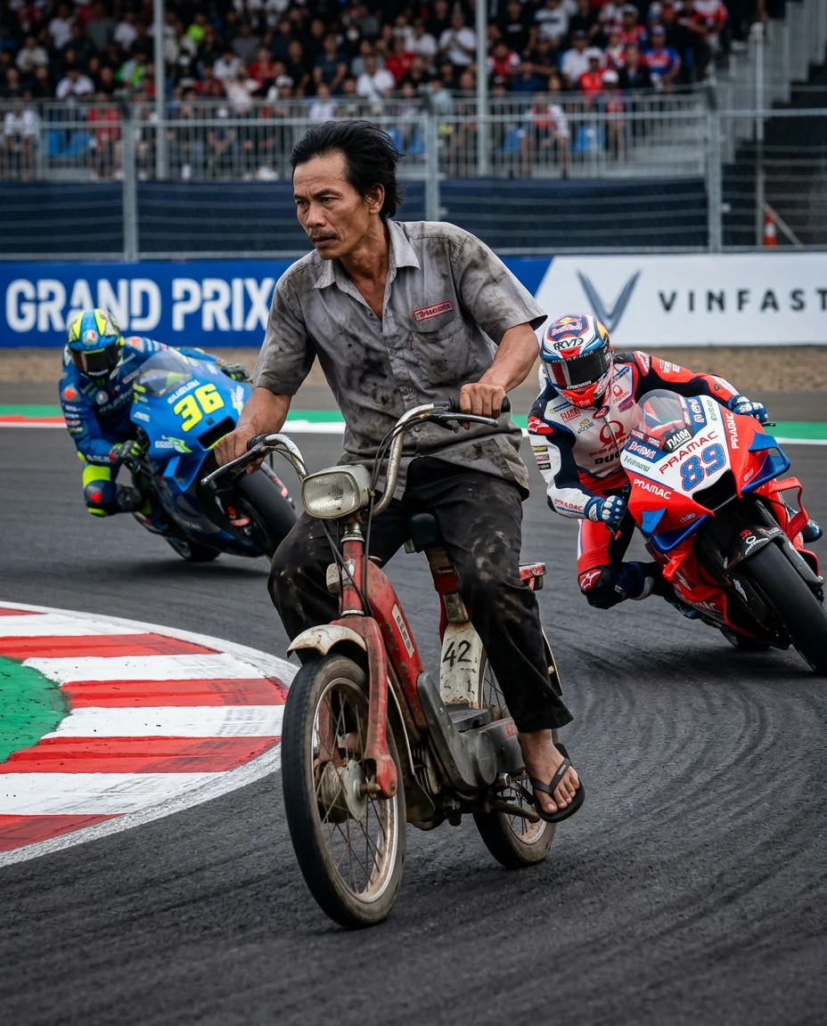 Uomo di mezza età che corre con una piccola moto in pista
