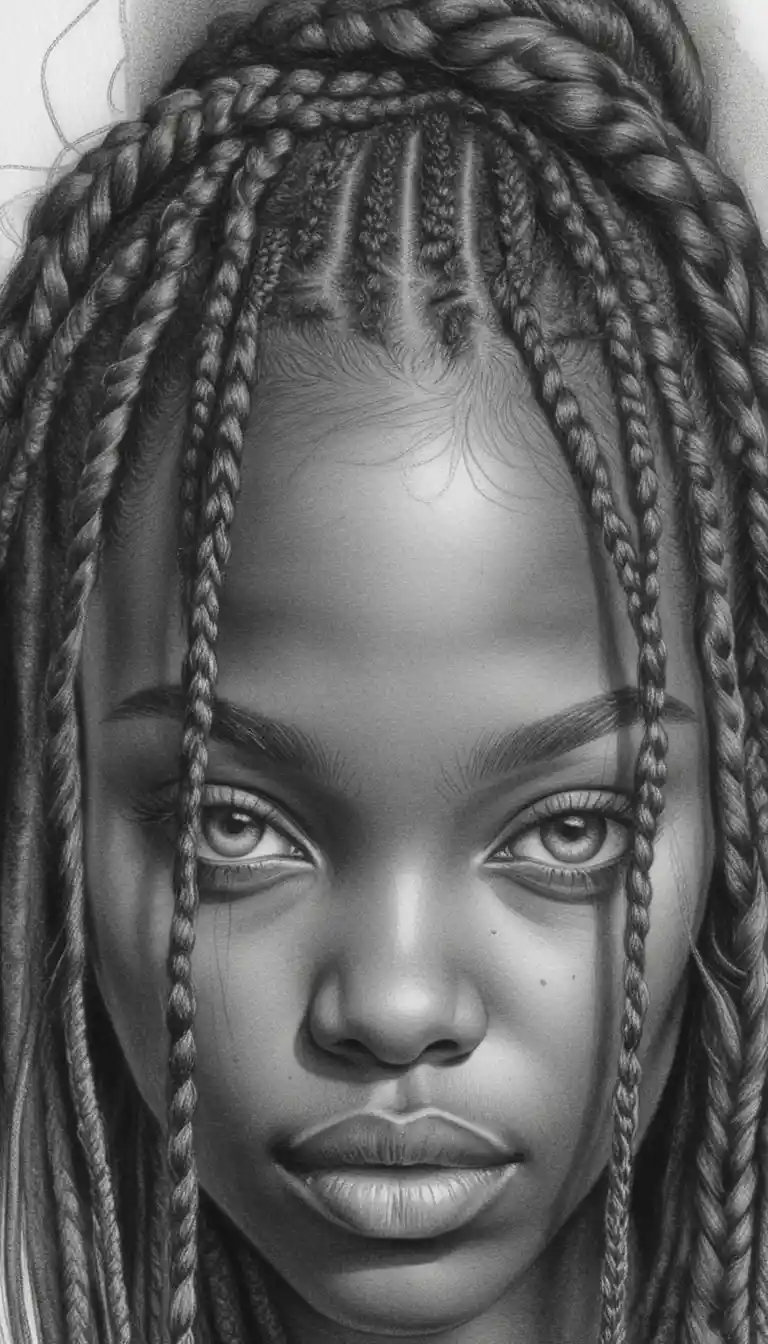 Close up graphite portrait of a young woman with braids