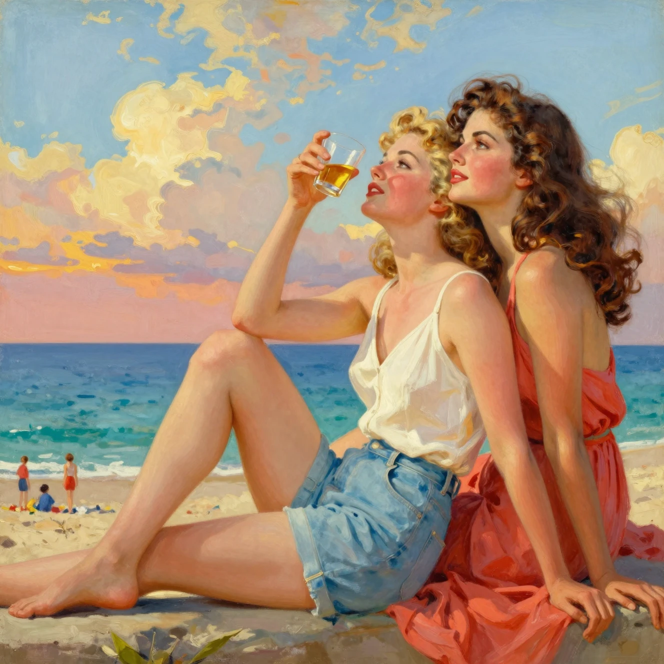 Donne vintage in riva al mare che si rilassano nella calda luce del tramonto