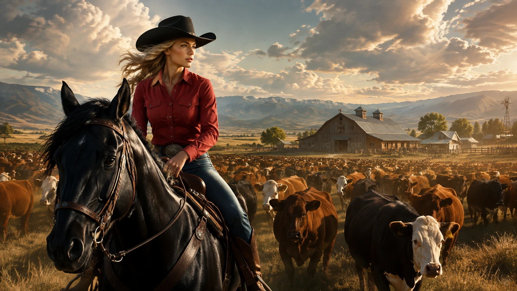 Cowgirl riding a black horse across a sunny farm field