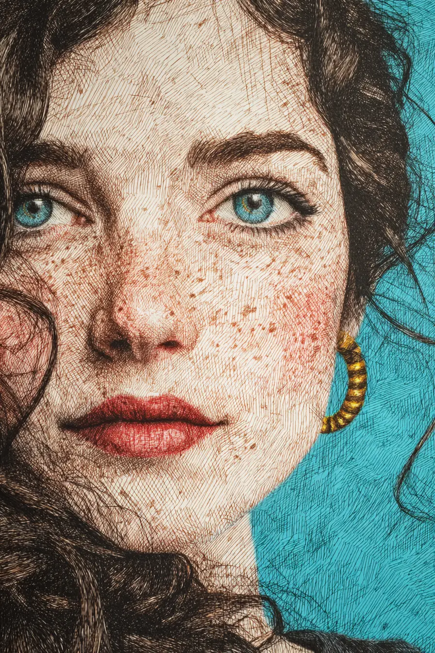 Realistic color pencil portrait of a freckled young woman