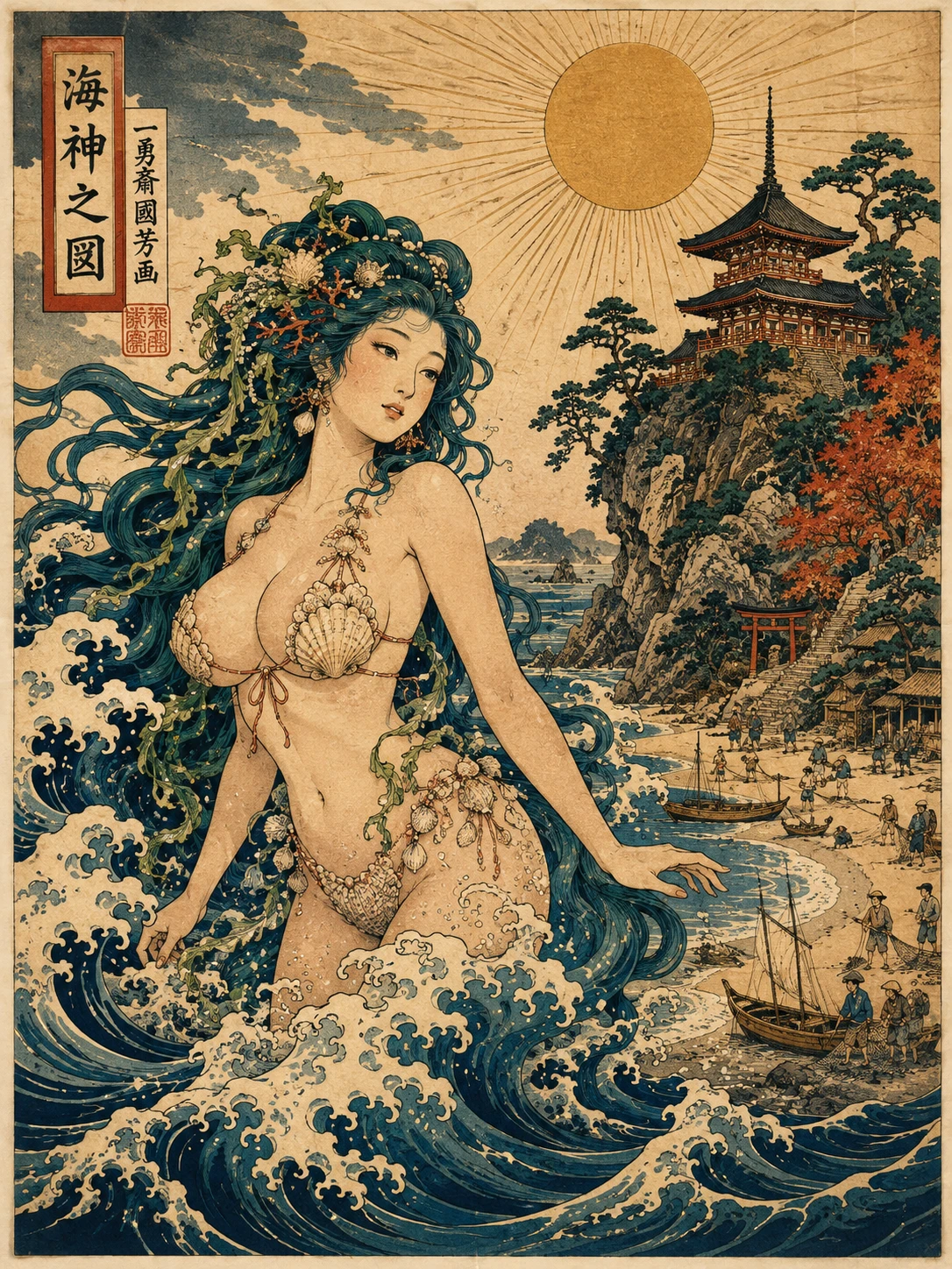 Dea dell’acqua che emerge da turbolente onde oceaniche in stile ukiyo-e