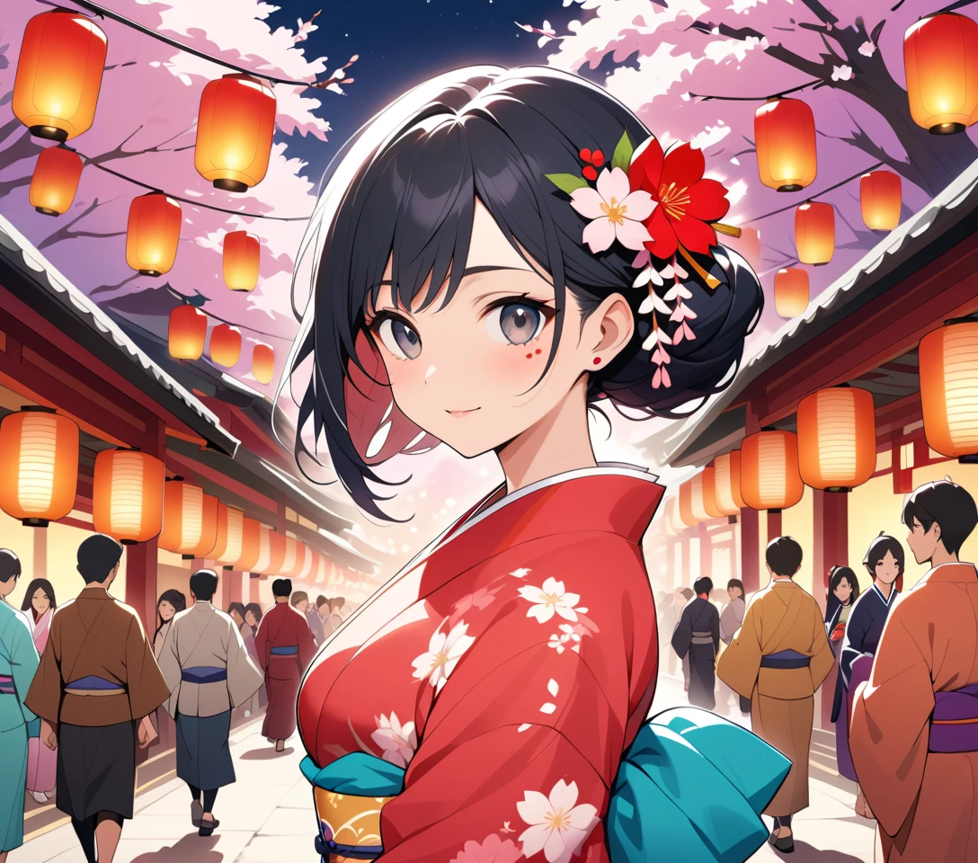 Mulher elegante de quimono caminhando por festival japonês