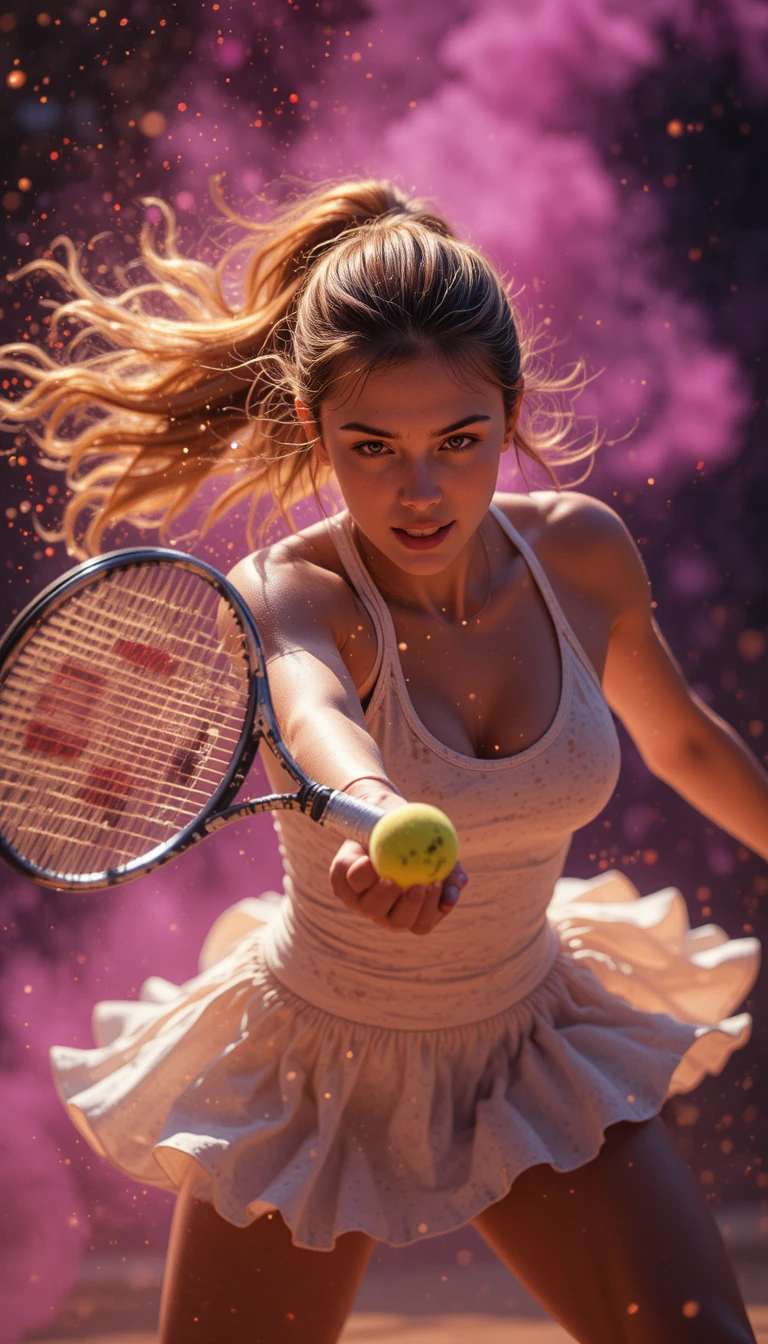 Tennista donna che colpisce la palla tra polvere luminosa