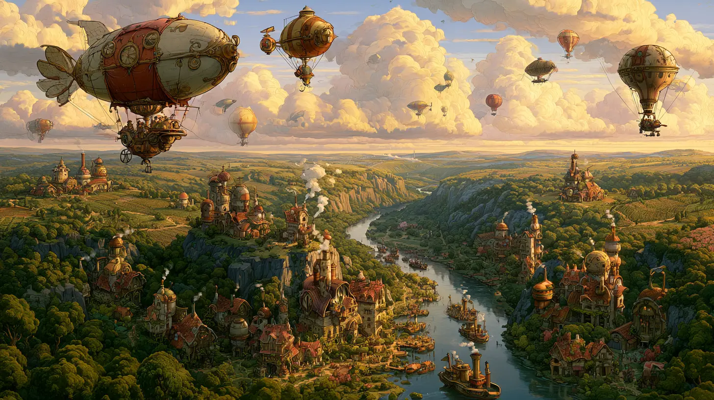 Verspielte Steampunk-Stadt in einem üppigen Tal zur goldenen Stunde