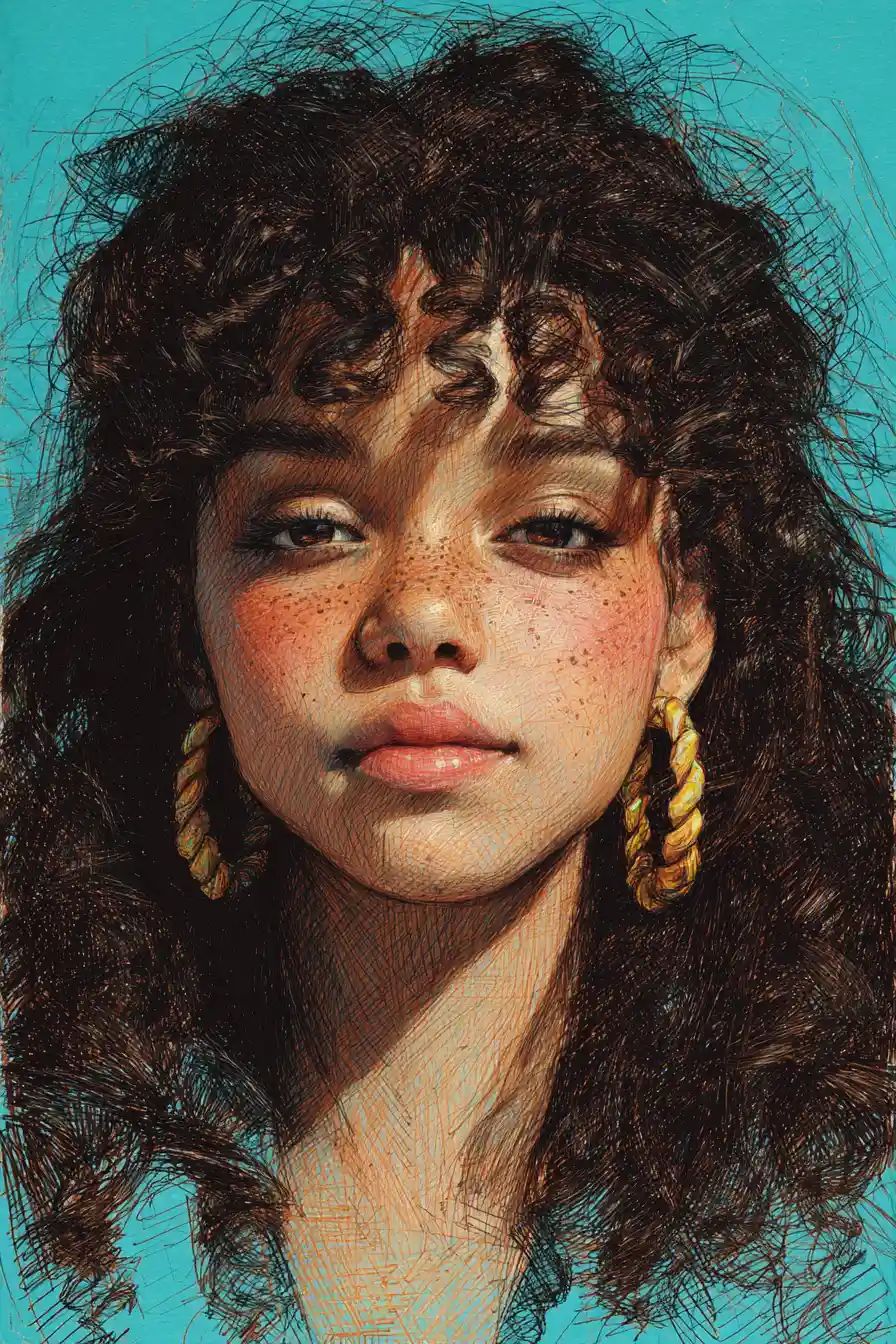 Freckled girl close up portrait in colored pencil drawing