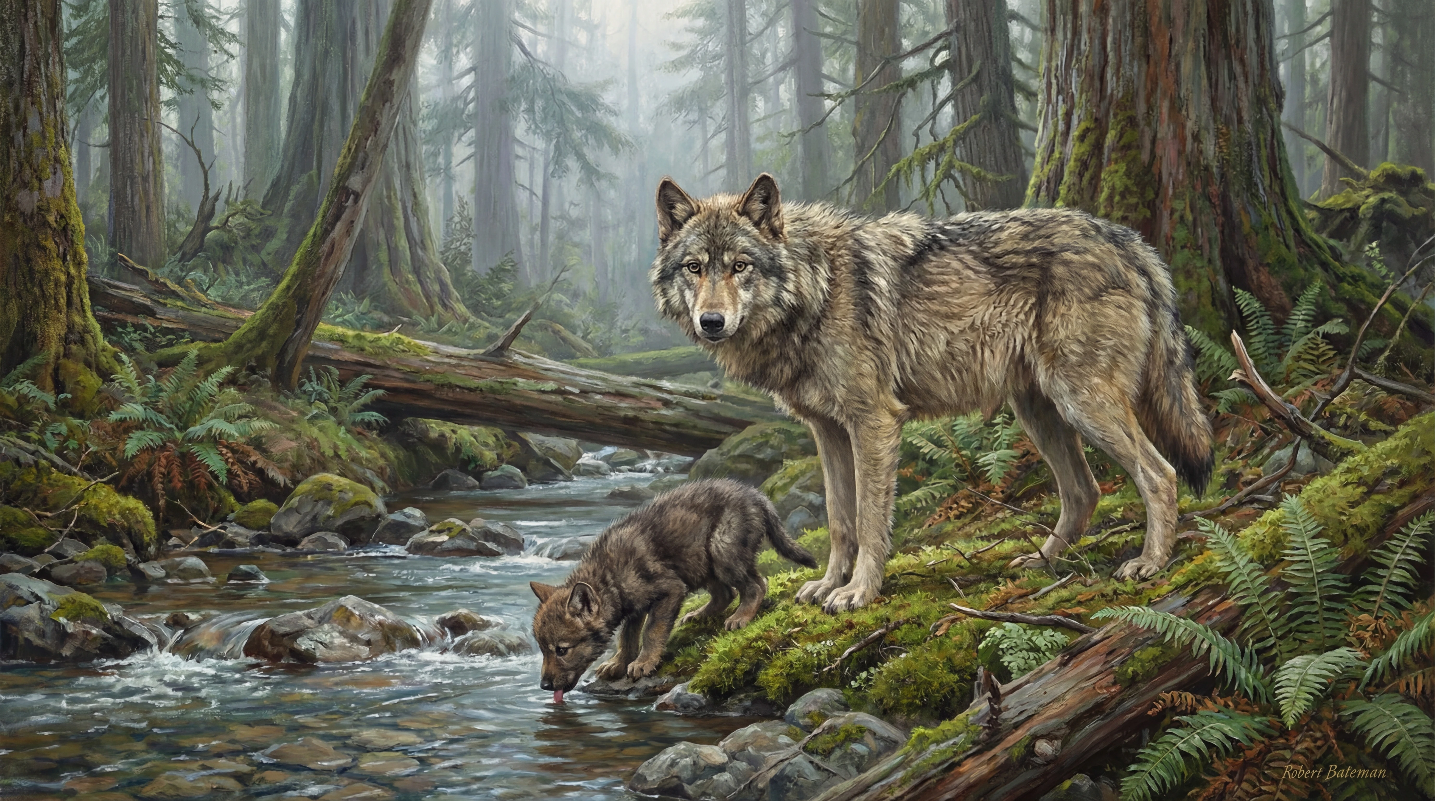 Loba observa seu filhote bebendo em um riacho na floresta