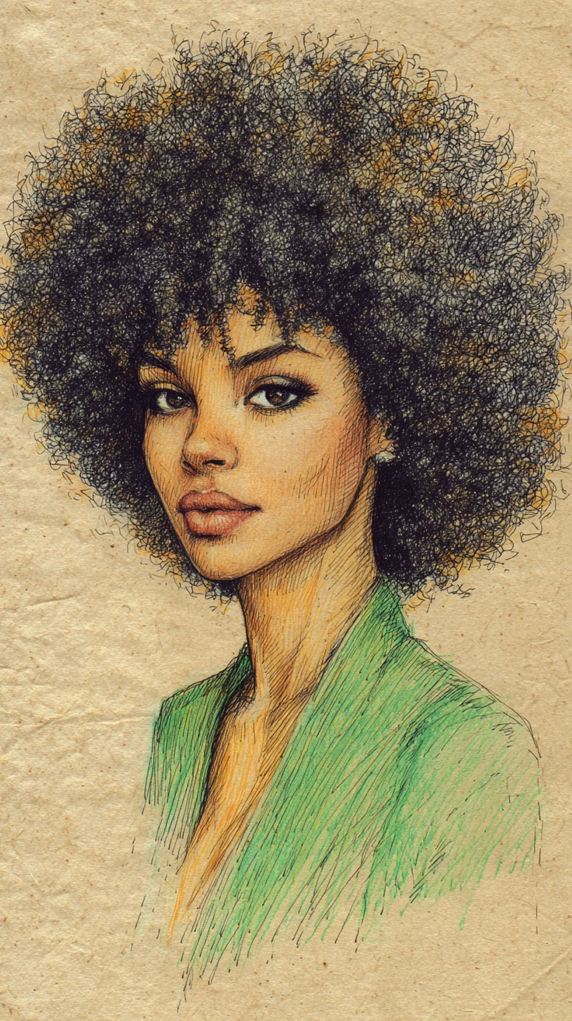 Retrato sereno em close de uma mulher negra com cabelo afro