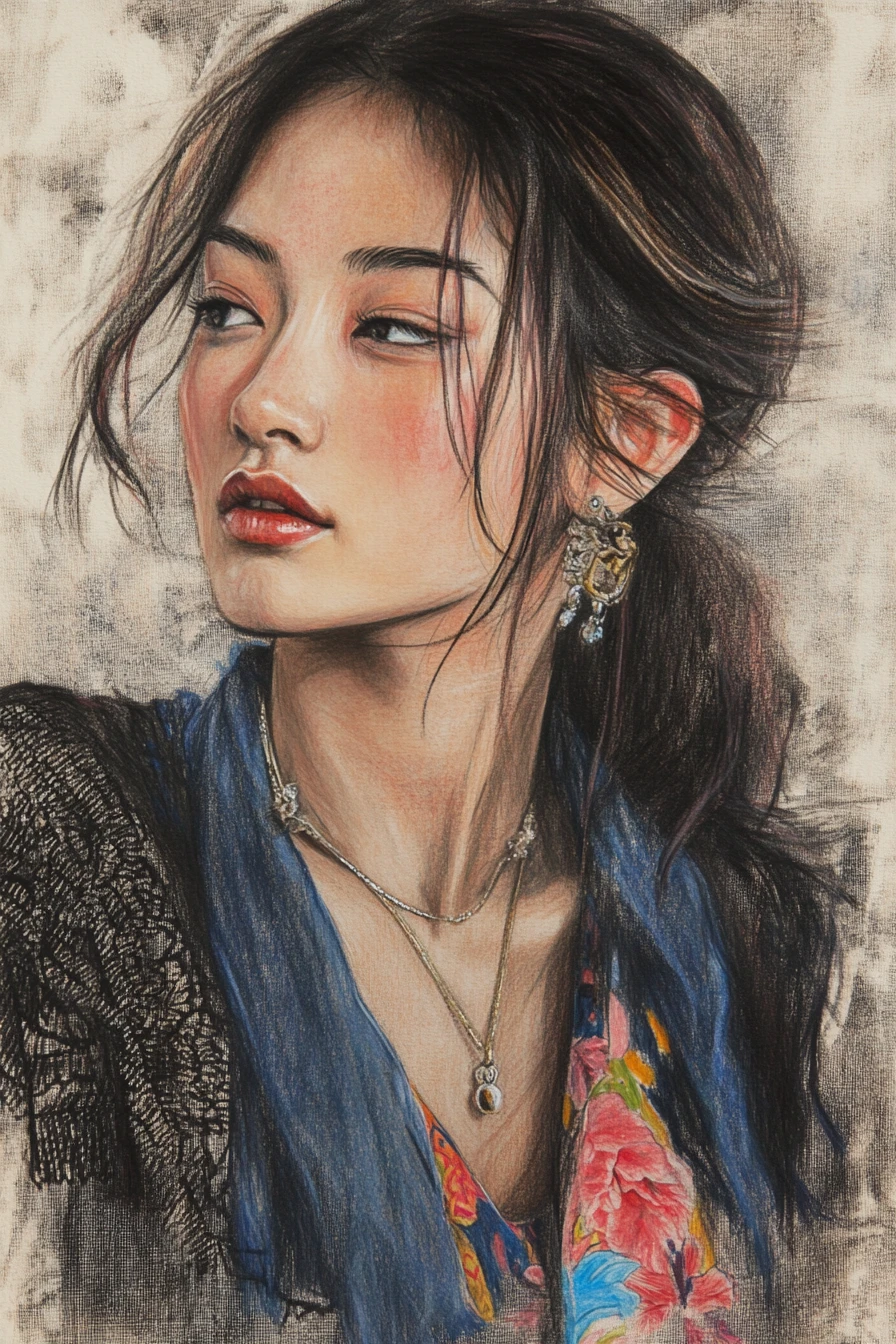 年輕女子特寫墨水肖像．紋理紙上作品