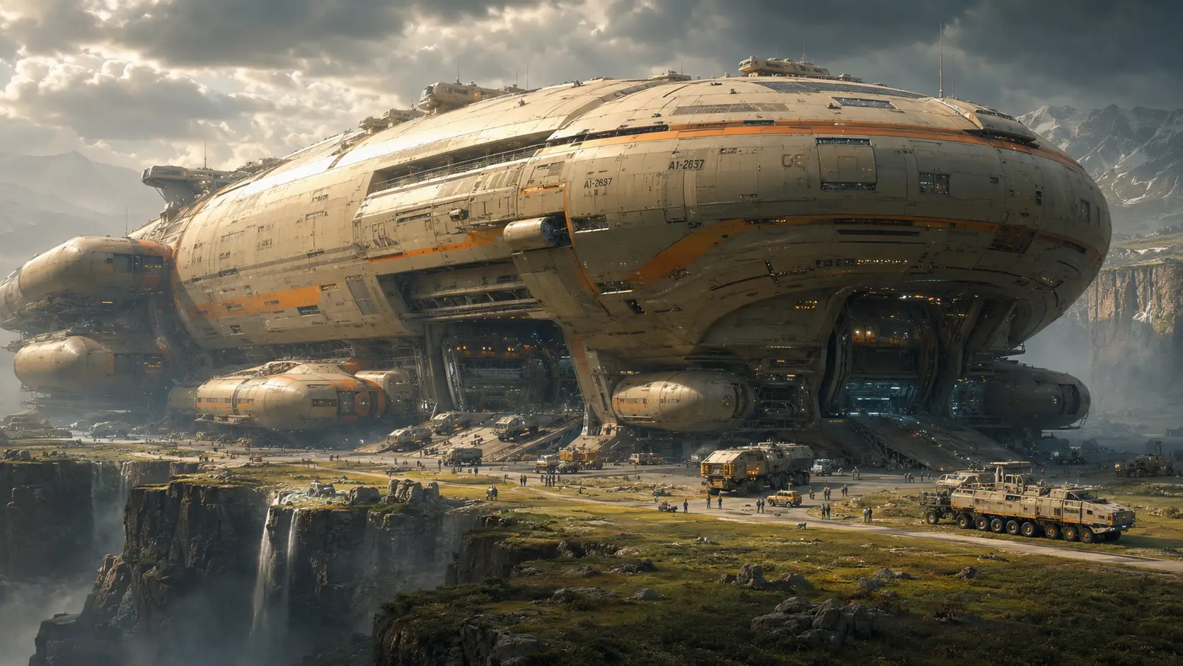 Enorme cargueiro espacial sci‑fi pousado em mundo alienígena exuberante