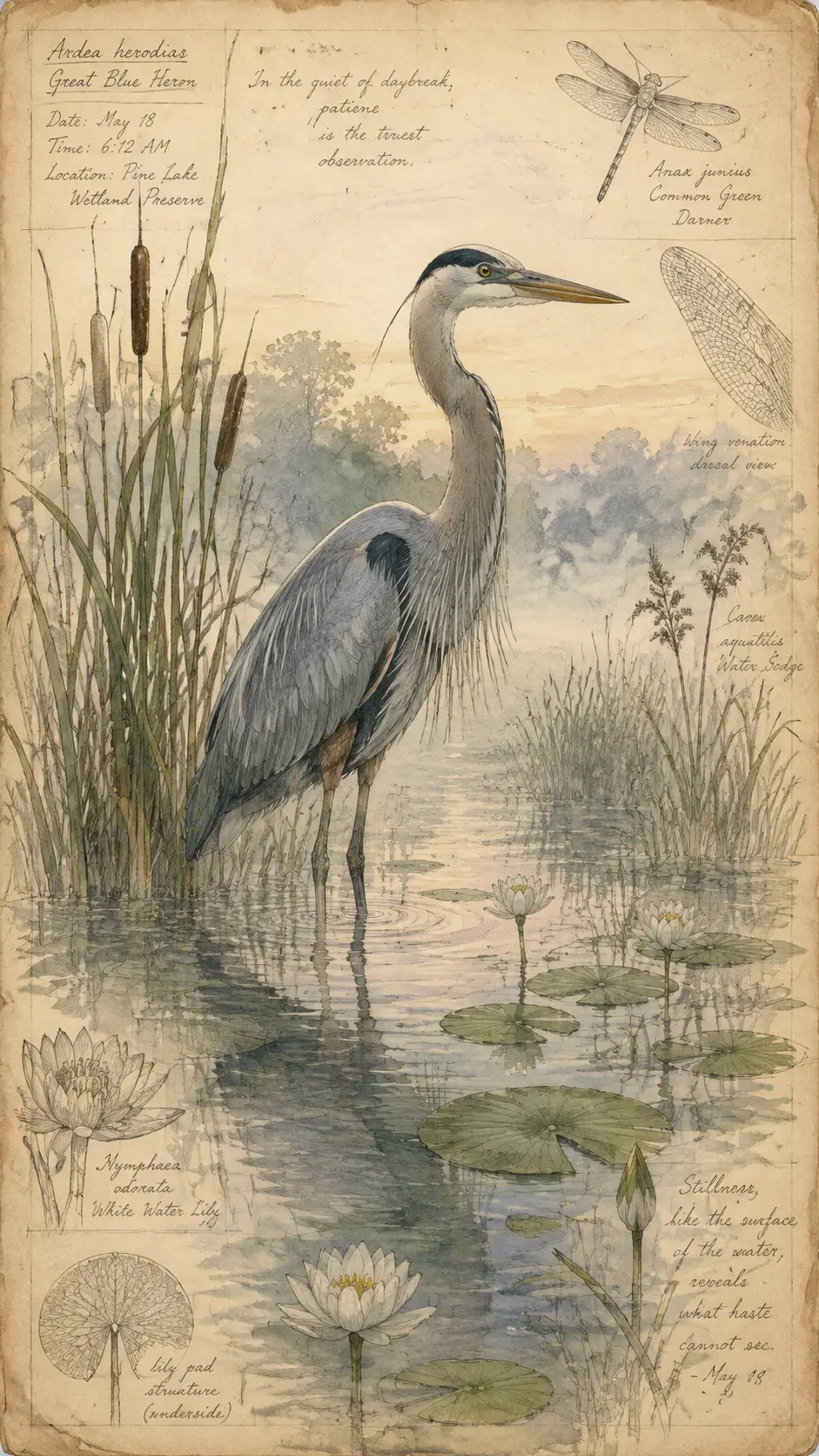 Kanadareiher im nebligen Feuchtgebiet – Feldtagebuch-Illustration