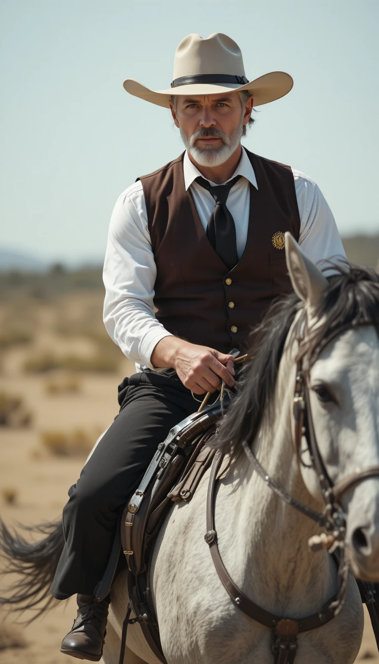 Xerife cowboy de cabelos prateados montando um cavalo cinza em disparada