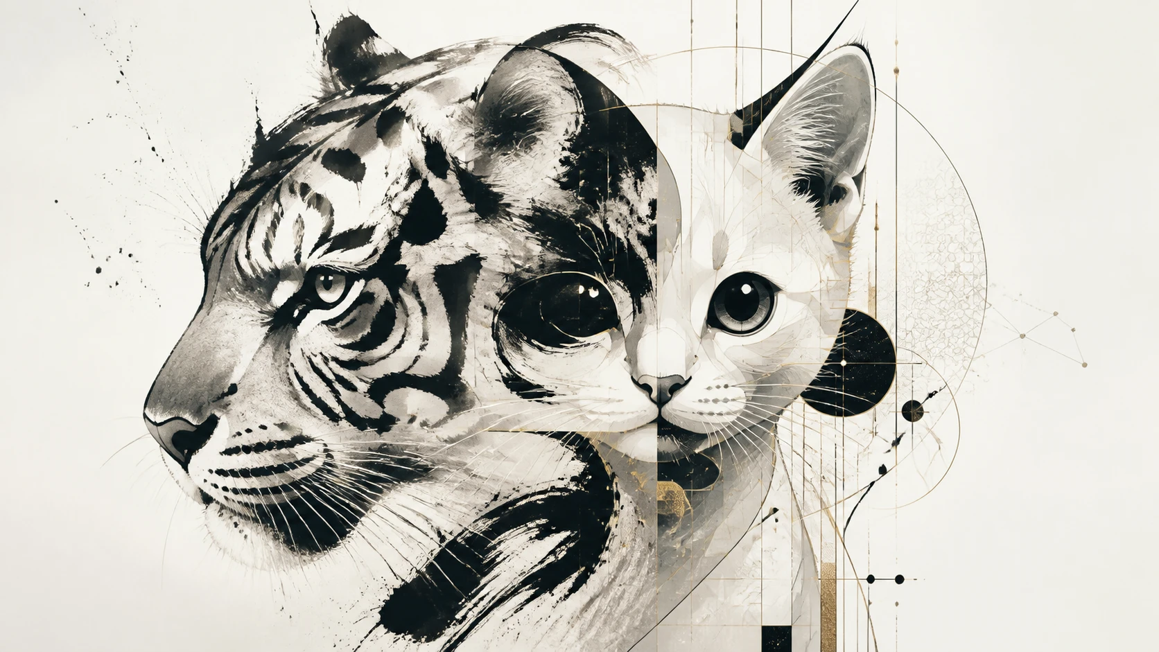 Paradoxical tiger and kitten sharing a shifting abstract form