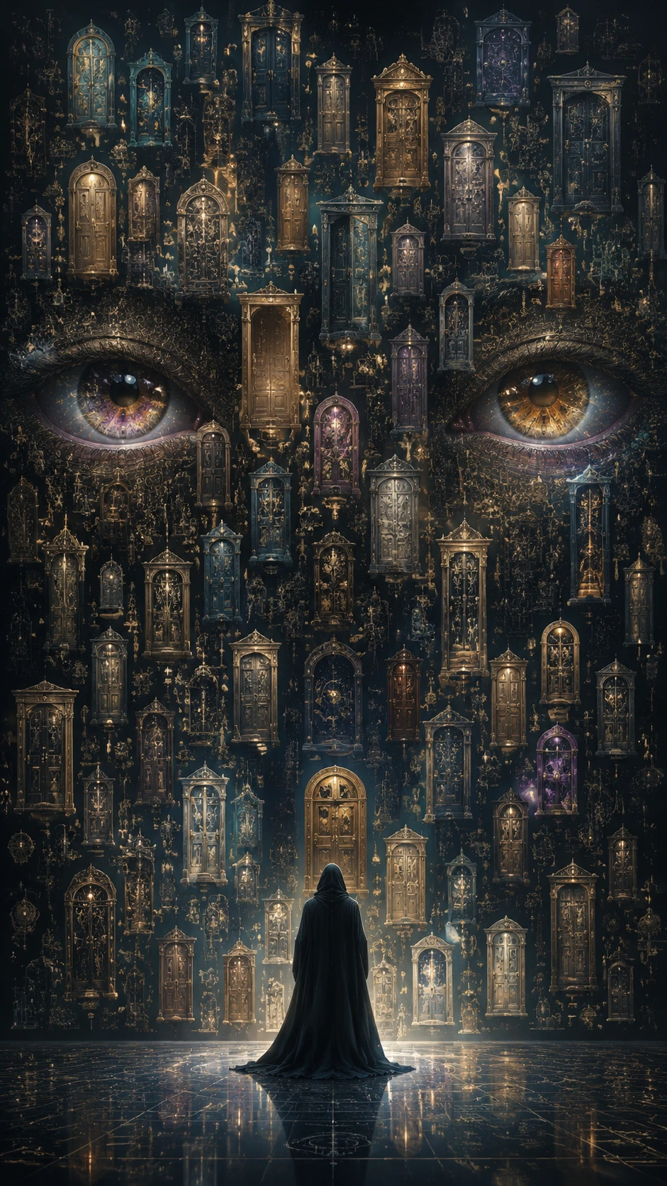 Supernatural guardian before countless ornate doors in void
