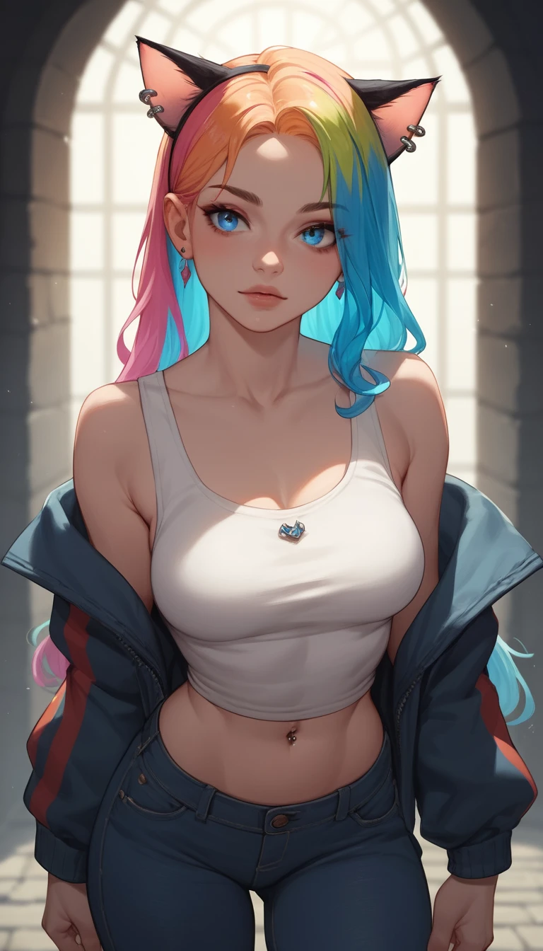 Curvy fantasy princess with colorful hair in a dungeon
