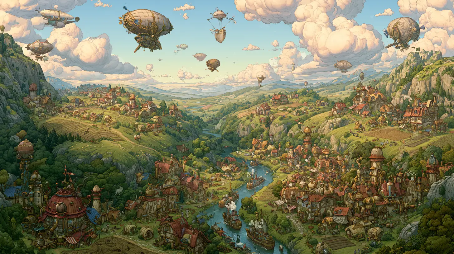 Verspielte Steampunk-Stadt in einem sonnenverwöhnten grünen Tal