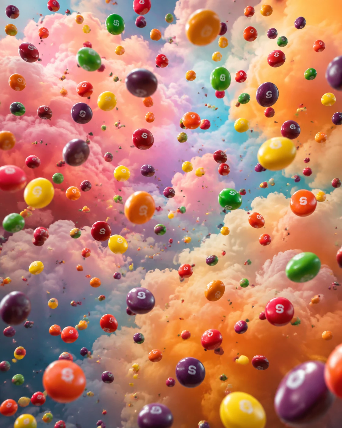 Colorful skittles raining against soft pastel cloud background