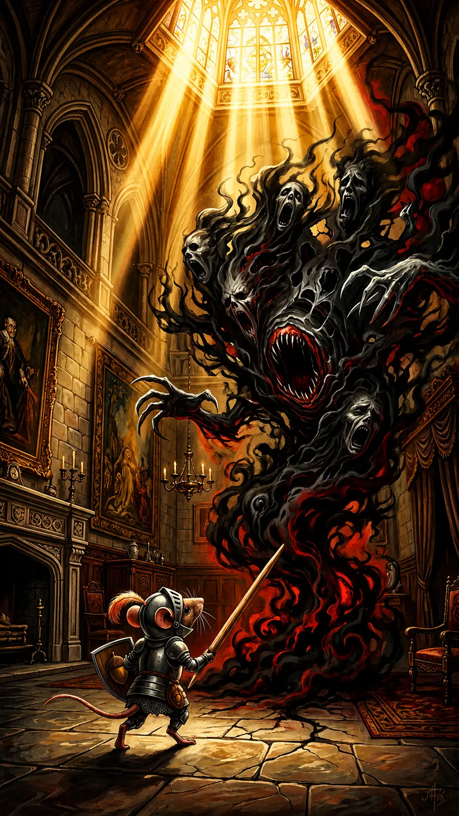 Tiny armored mouse facing a towering shadowy nightmare