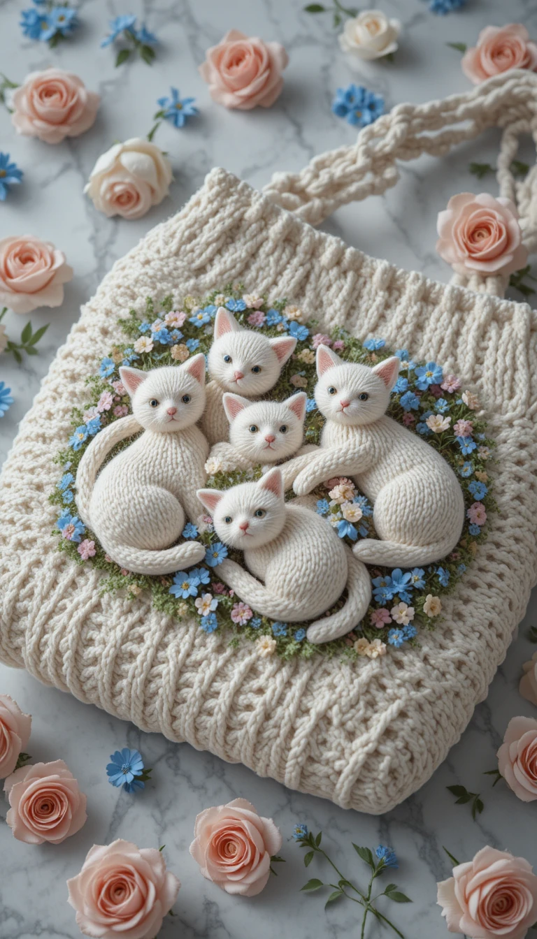 Weiße gestrickte Tasche mit verspielten Katzen auf Marmortisch