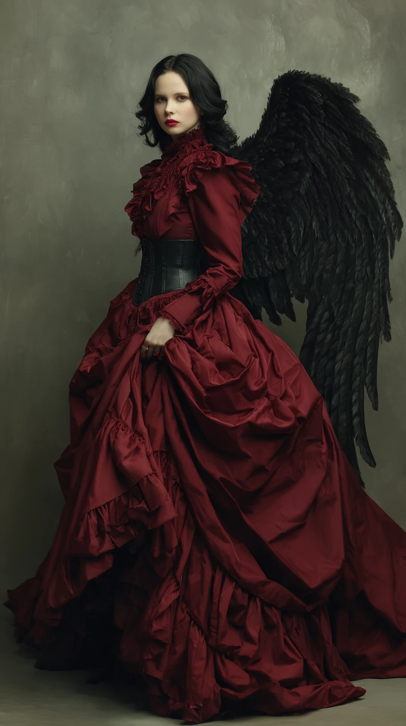 Mulher anjo sombria em vestido vitoriano carmesim com asas negras