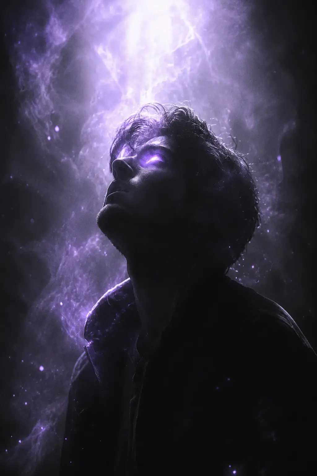 Monochrome portrait with ultraviolet glowing supernatural eyes