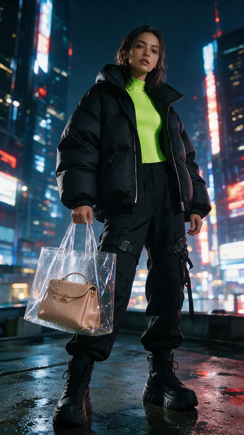 Confident woman on rainy city rooftop in techwear fashion