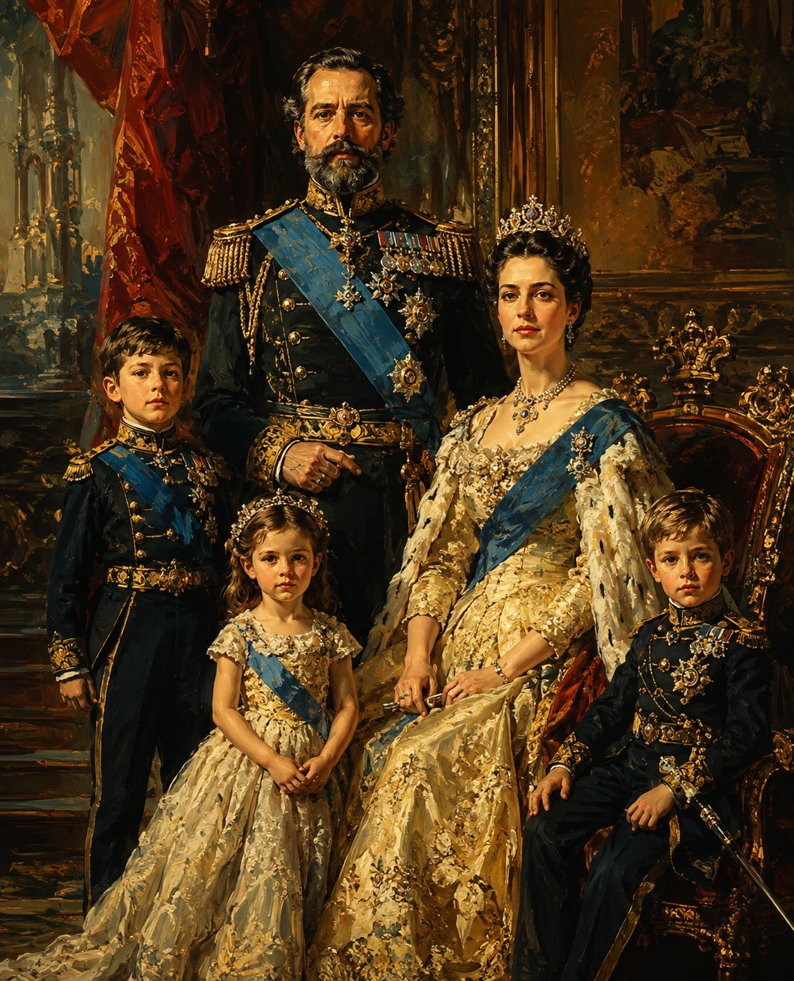 Majestic royal family portrait in rich oil painting tones