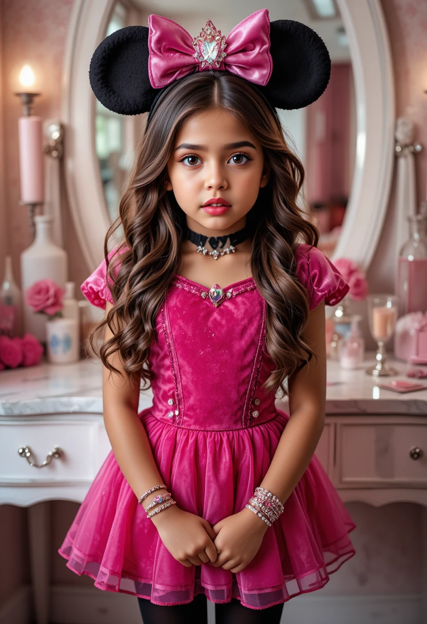 Menino pré-adolescente com fantasia de princesa na penteadeira de quarto rosa