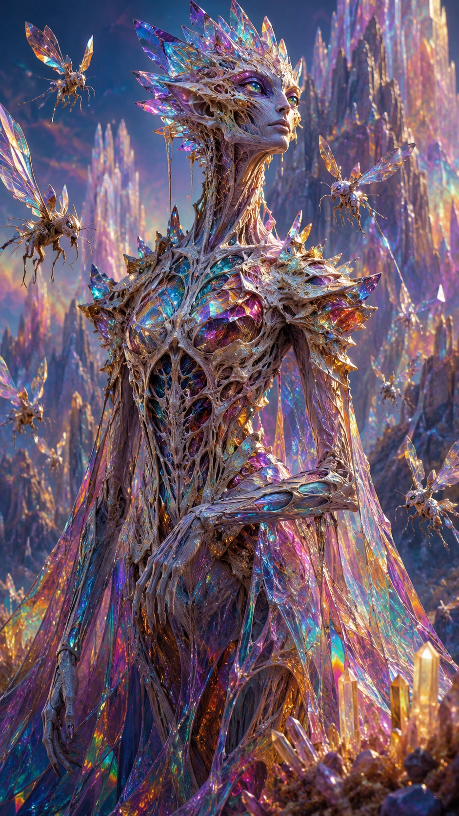 Alien majestoso com esqueleto cristalino entre montanhas vivas de quartzo
