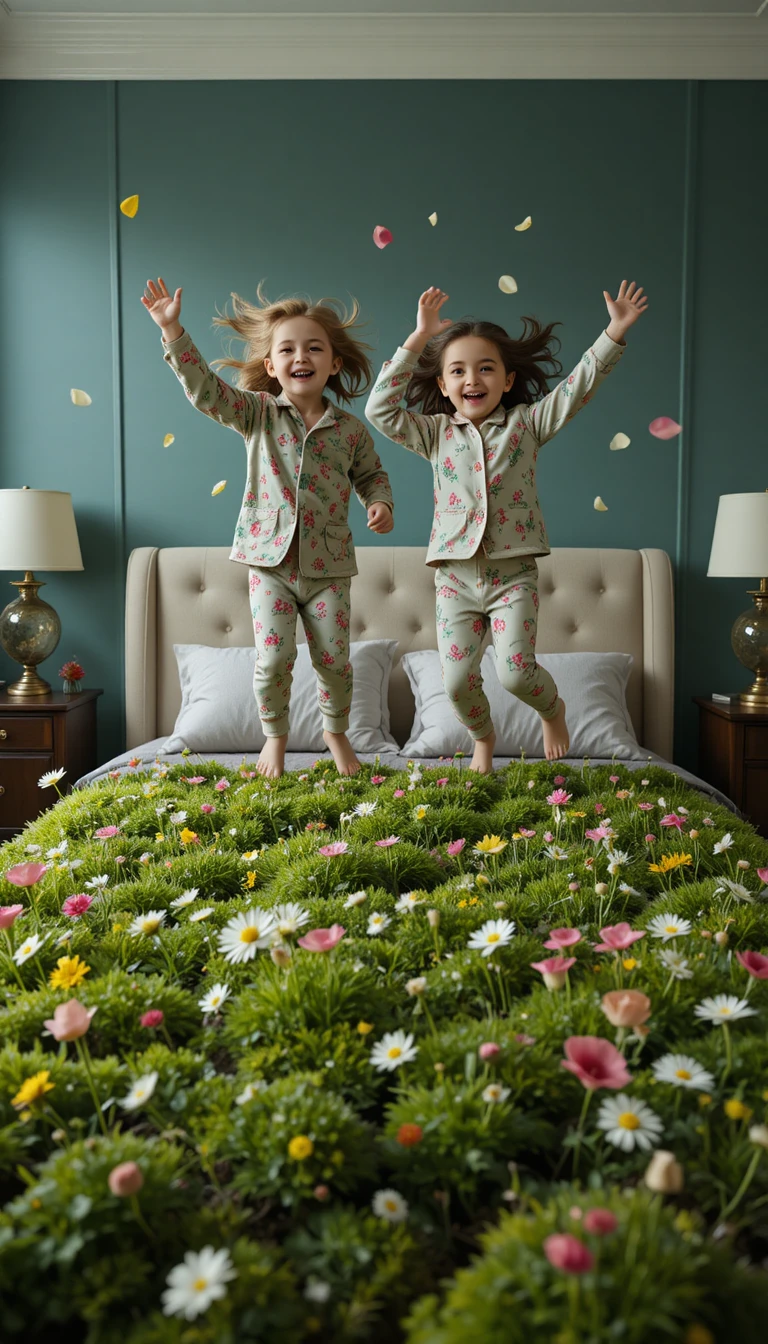 Enfants sautant sur un lit couvert d’herbe et de fleurs à la maison