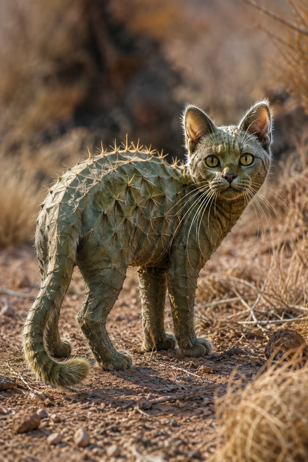 Gato fantástico curioso com pele de cacto em um deserto seco
