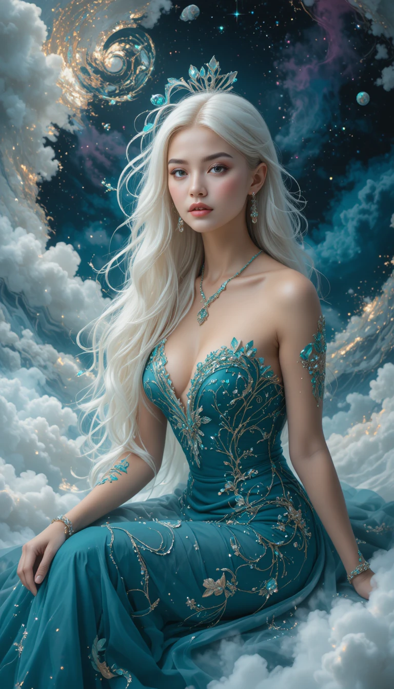 Elegante donna bruna in abito lungo sulle nuvole surreali di un palazzo