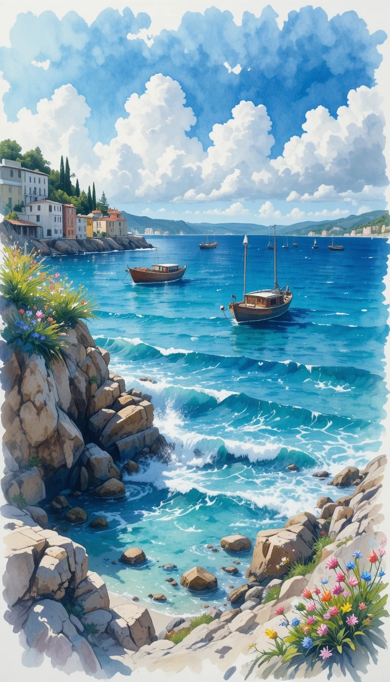 Watercolor boats on a calm sea with waves and clouds