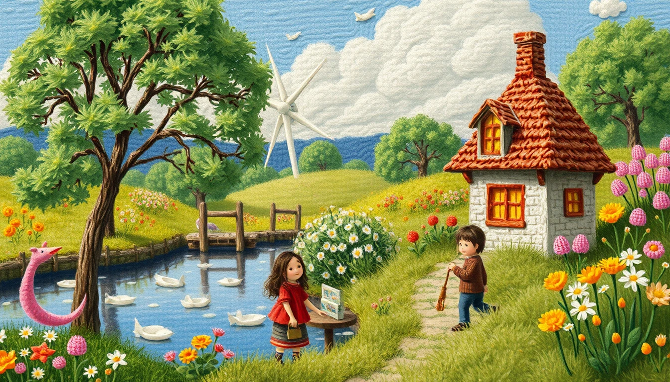 Paysage miniature avec personnages amicaux dans un style impressionniste doux