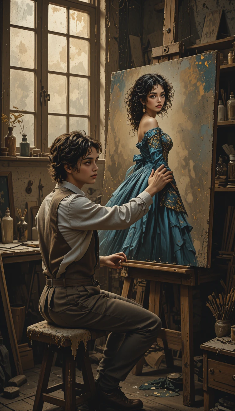 Pintor romântico alcançando uma mulher realista na tela