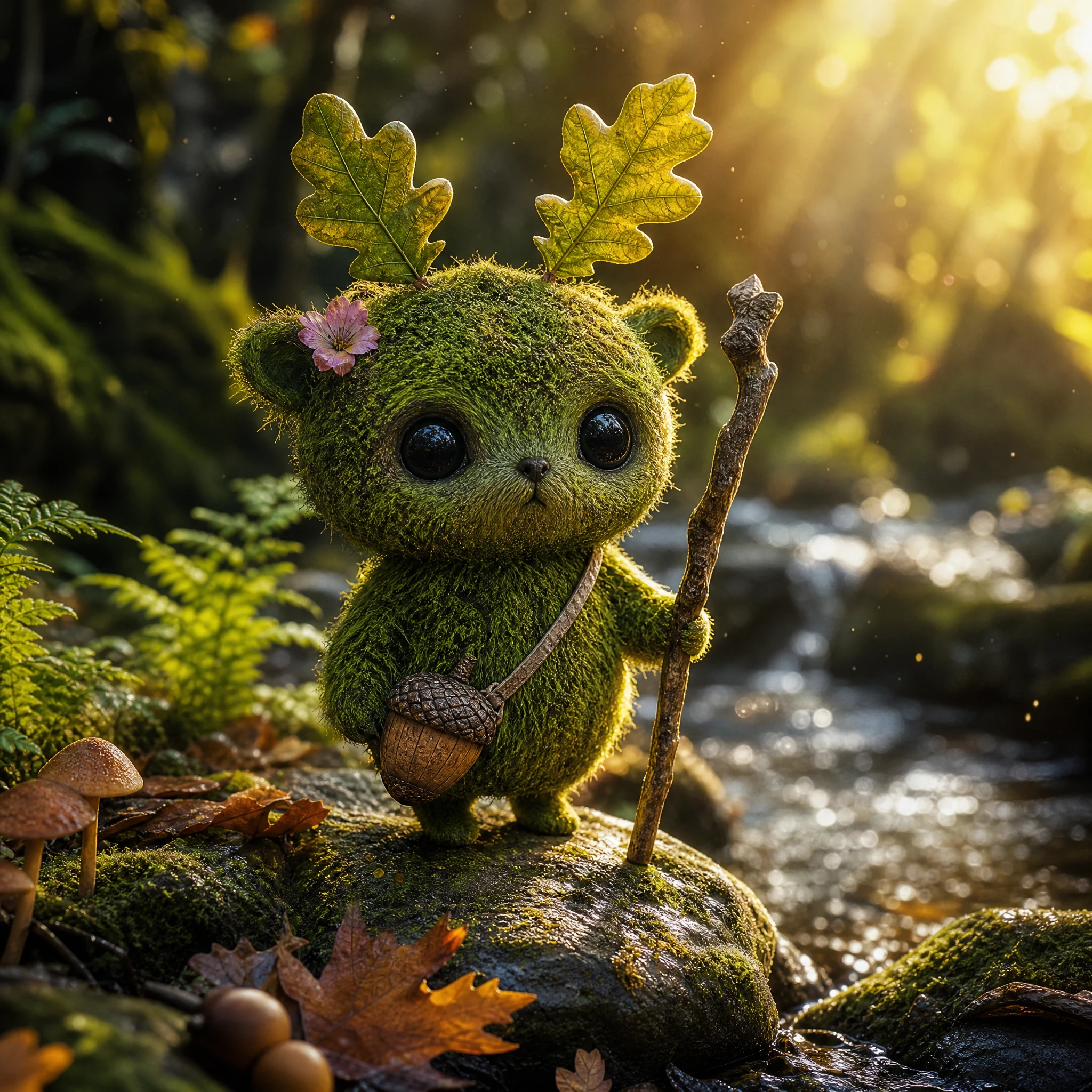 Tiny moss guardian beside a glowing forest stream