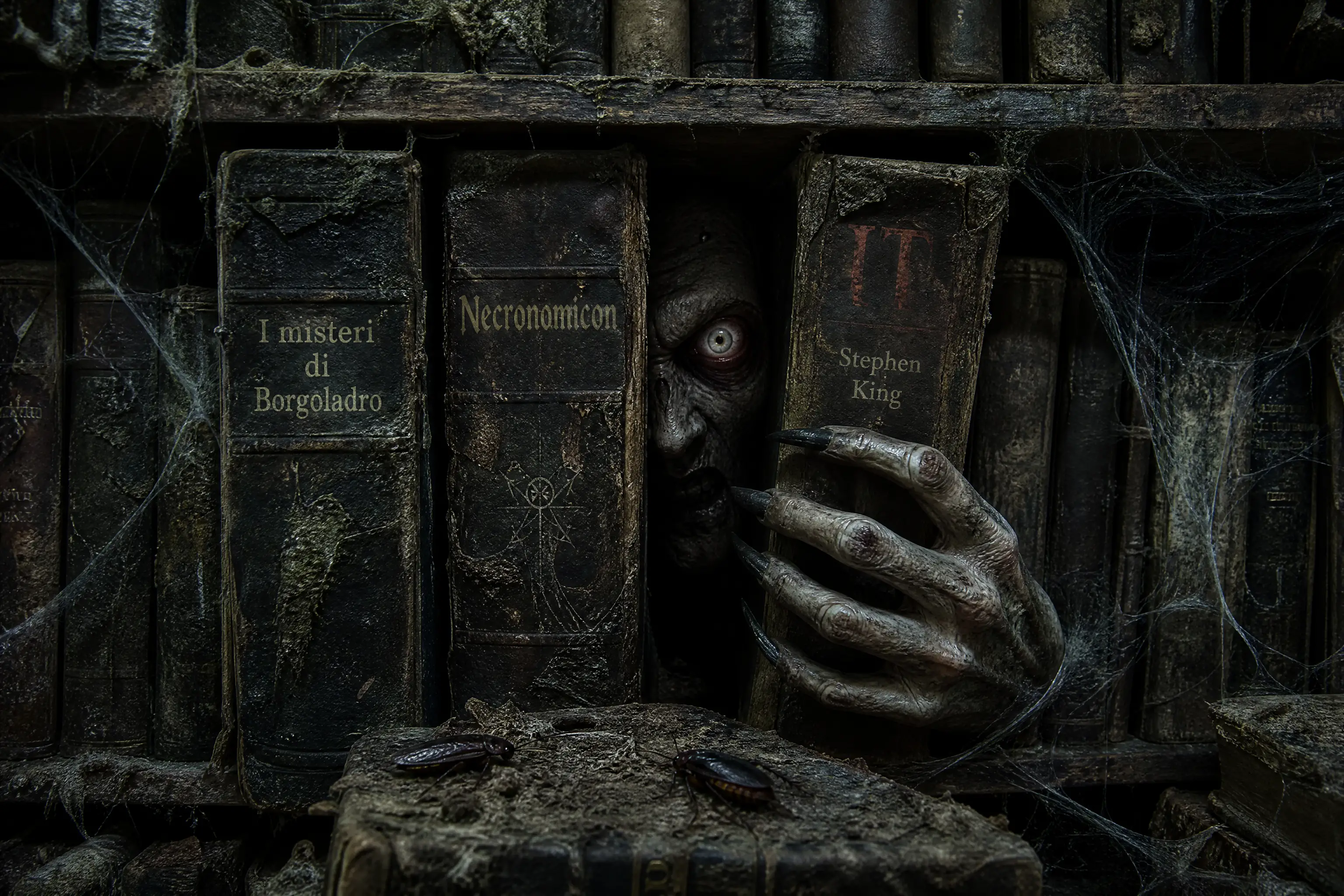 Terrifying corpse like face hiding between moldy ancient books