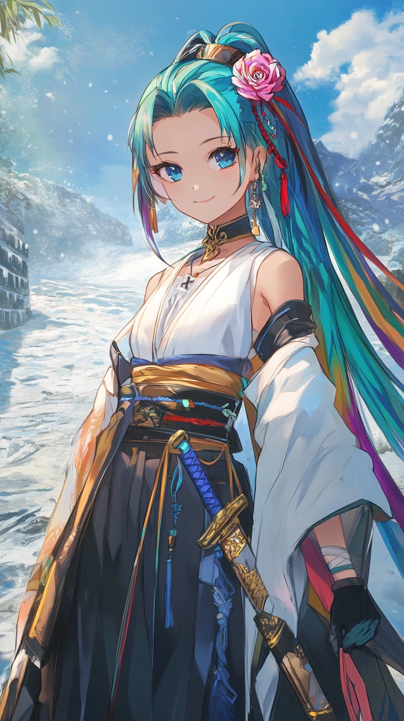 Fille d’anime dans un temple japonais sur une colline avec portail en pierre